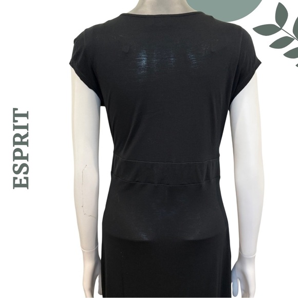 🛍️3/$40 Esprit Black Deep V Midi Dress Short Sleeve Stretch Lightweight Medium - Picture 6 of 8
